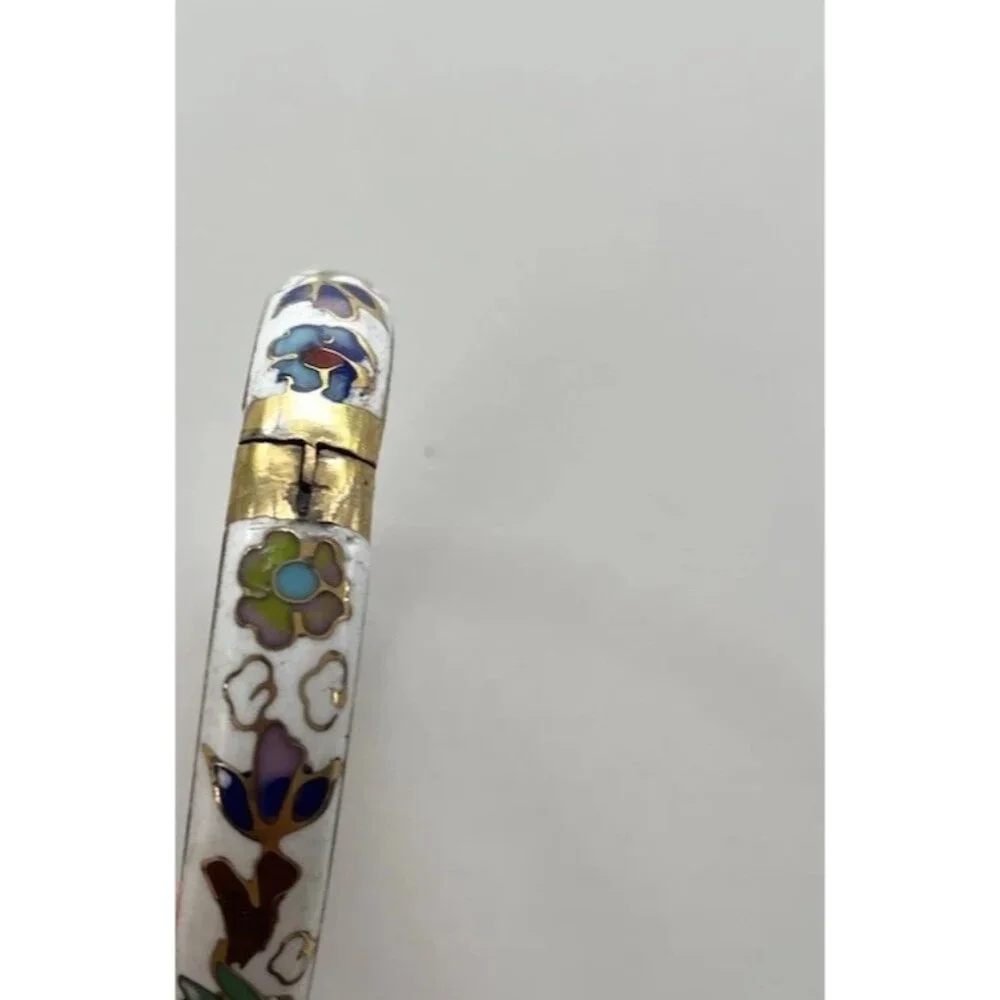 Vintage White Enamel Cloisonné Floral Blue Multi Color Hinged  Bangle Sz 7.5”